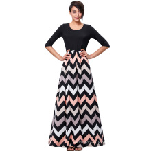 Kate Kasin Women's 3/4 Sleeve High Stretchy Contrast Color Wave Stripe Maxi Dress KK000238-1